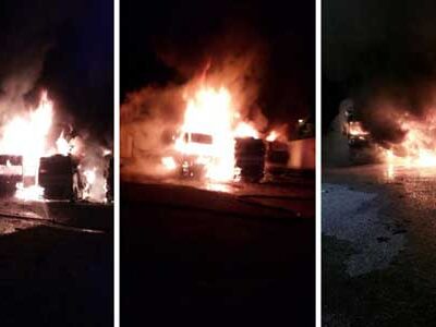 Un incendio doloso stanotte ha distrutto 4 TIR: grave un autista che stava dormendo in uno dei mezzi