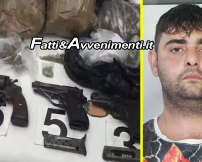 Arrestato spacciatore con un arsenale in casa: 4 pistole, munizoni, 2,5 kg di marijuana e 420gr di cocaina