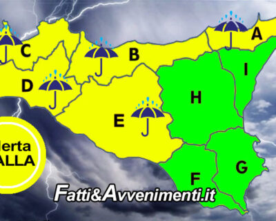 Allerta “Gialla” per domani 30 gen. In tutta la Sicilia, tranne la zona orientale: attesi temporali e forti venti