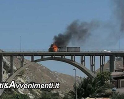 Porto Empedocle. Camion va a fuoco sul viadotto Spinola, si salva l’autista