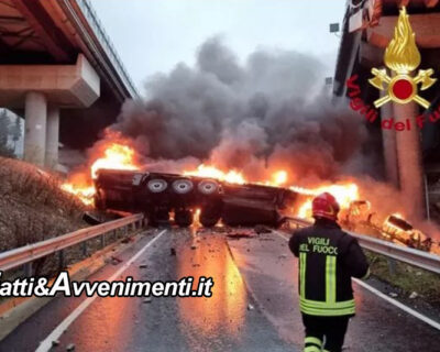 Tragedia sulla A1. Tir precipita da un viadotto e dopo un volo di 15 metri si incendia: morto l’autista 55enne